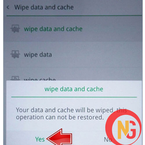 Chọn Wipe data and cache, sau đó chọn yes để khôi phục cài đặt gốc